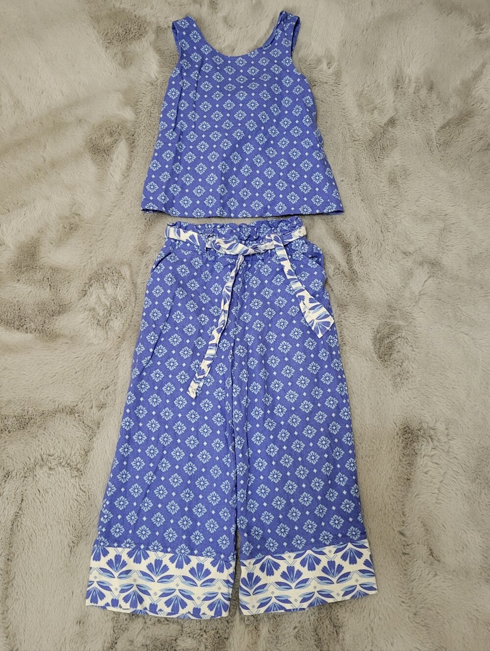 Sigrid Olsen Girls Blue Tile Print Linen Outfit Set